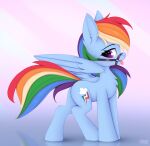  blue_body blush bridle butt equid equine feral friendship_is_magic hasbro hi_res horse looking_at_viewer mammal my_little_pony omiart pony purple_eyes rainbow_dash_(mlp) side_view smile solo tail tongue tongue_out wings 