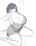  1girl arms_up bare_legs barefoot breasts chemise closed_mouth erkaz greyscale highres huge_breasts looking_at_viewer monochrome original pillow rina_atherina short_hair sketch solo stretching 