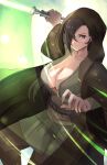  1girl absurdres alternate_costume breasts brown_eyes brown_hair cleavage collarbone commentary_request commission energy_sword fire_emblem fire_emblem_fates green_lightsaber hair_over_one_eye highres holding holding_lightsaber holding_weapon hood kagero_(fire_emblem) large_breasts lightsaber long_hair long_sleeves looking_at_viewer partial_commentary peli_cantaro skeb_commission solo star_wars sword weapon 