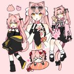  1girl animal_ears black_coat black_gloves black_skirt blush bow cat_ears cat_tail chibi coat cross-laced_clothes cross-laced_sleeves eyewear_on_head fang fingerless_gloves flower_bracelet gloves hair_bow highres hiiro_(vtuber) indie_virtual_youtuber jirai_kei long_hair long_sleeves multiple_views open_mouth pink_hair pink_shirt puffy_long_sleeves puffy_sleeves salmon shirt single_glove skirt smile sunglasses tail twintails two_side_up very_long_hair virtual_youtuber waka_(wk4444) white_bow yellow_eyes 