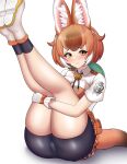  1girl absurdres animal_ears ass bike_shorts_under_skirt blush breasts brown_hair cameltoe dhole_(kemono_friends) dog_ears dog_girl dog_tail gloves highres japari_symbol kemono_friends kemono_friends_3 leg_grab legs_up looking_at_viewer medium_breasts multicolored_hair neukkom official_alternate_costume shirt short_hair skirt smile solo tail thick_thighs thighs two-tone_hair white_hair 