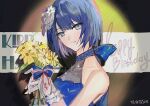  1girl bare_shoulders blue_choker blue_dress blue_eyes blue_hair bouquet character_name choker closed_mouth dated dress flower glint gloves hand_up happy_birthday highres holding holding_bouquet kiritani_haruka looking_at_viewer project_sekai pyongtaro short_hair smile solo spotlight strapless strapless_dress upper_body white_flower white_gloves 