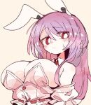  1girl animal_ears blush breasts buttons closed_mouth hair_between_eyes large_breasts long_hair massakasama purple_hair rabbit_ears red_eyes reisen_udongein_inaba shirt short_sleeves simple_background solo touhou upper_body white_shirt yellow_background 