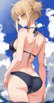  1girl absurdres ass bikini black_bikini blonde_hair blue_sky blush boku_no_hero_academia breasts closed_mouth cloud cowboy_shot day from_behind hair_bun highres looking_at_viewer looking_back medium_breasts messy_hair outdoors short_hair sky solo strap_gap swimsuit toga_himiko wading water yellow_eyes zd_(pixiv6210083) 