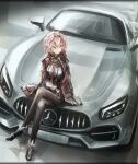  1girl black_hairband black_pantyhose black_shorts blue_eyes car crossed_legs hairband head_wings high-waist_shorts highres hololive jacket jacket_on_shoulders kihuzinz looking_to_the_side mercedes-benz mercedes-benz_amg_gt motor_vehicle necktie pantyhose pink_hair red_jacket red_necktie shirt short_hair shorts solo sports_car takane_lui v-shaped_eyebrows vehicle_focus virtual_youtuber white_shirt wings 