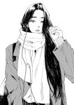  1girl earplugs greyscale hand_in_pocket highres jacket lee_q_p long_hair long_sleeves looking_at_viewer mole mole_above_mouth mole_under_eye monochrome original parted_lips scarf simple_background solo upper_body white_background 