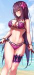  1girl absurdres bikini breasts bridal_garter fate/grand_order fate_(series) flower fukuidesu0110 gae_bolg_(fate) hair_flower hair_intakes hair_ornament hibiscus highres holding holding_nunchaku holding_weapon kunai large_breasts long_hair nunchaku pink_bikini purple_bikini purple_hair red_eyes scathach_(fate) scathach_(swimsuit_assassin)_(fate) swimsuit weapon 