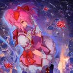  1girl absurdres bow bow_choker bubble_skirt building choker city cityscape cowboy_shot dress dress_bow falling_star flower from_above gloves hair_bow hair_over_one_eye hand_up highres kaname_madoka looking_at_viewer magical_girl mahou_shoujo_madoka_magica mahou_shoujo_madoka_magica_(anime) night outdoors pink_choker pink_dress pink_hair puffy_short_sleeves puffy_sleeves red_bow red_eyes red_flower short_hair short_sleeves short_twintails skirt skyscraper solo spider_lily sudong_tangyuan tears twintails white_gloves white_skirt 