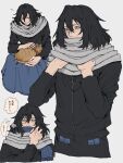  1boy animal_on_lap bags_under_eyes black_bodysuit black_hair blanket blue_scarf bodysuit boku_no_hero_academia brown_cat cat cat_on_lap closed_mouth eraser_head_(boku_no_hero_academia) grey_background grey_scarf highres long_sleeves male_focus mature_male medium_hair multiple_views mustache_stubble on_lap plaid plaid_scarf rnuyvm scar scar_on_face scarf speech_bubble white_background 