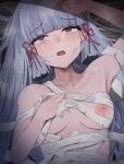  1girl bandages blue_eyes blunt_bangs blunt_tresses breasts commentary cum cum_on_body empty_eyes facial genshin_impact grey_hair hand_on_own_forehead highres hototogisu_(7kanu_7ra) kamisato_ayaka long_hair looking_up lying medium_breasts nipples nude on_back open_mouth rolling_eyes solo 