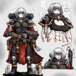 1girl ? adepta_sororitas blue_eyes bob_cut bolter breasts chainsword cleavage commentary ekfh4rnrqkq english_commentary gloves highres large_breasts looking_at_viewer muscular muscular_female power_armor purity_seal robe skirt skull solo sweat warhammer_40k weapon white_background white_hair 