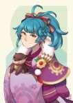  1girl absurdres antenna_hair blue_hair fire_emblem fire_emblem_heroes high_ponytail highres holding holding_stuffed_toy looking_to_the_side official_alternate_costume reginn_(fire_emblem) reginn_(new_year)_(fire_emblem) smile solo stuffed_animal stuffed_toy toast_(oreocorio) upper_body yellow_eyes 