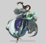  1boy black_hair black_robe book boots brown_footwear coat commentary_request fire_emblem fire_emblem:_radiant_dawn fire_emblem_heroes full_body grey_background kita_senri long_hair long_sleeves male_focus official_alternate_costume official_art open_clothes open_coat red_eyes robe simple_background solo soren_(fire_emblem) very_long_hair white_coat wide_sleeves 
