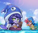  2girls bare_shoulders blue_hair blue_headwear cloud collarbone colored_skin day diving_mask diving_mask_on_head flower goggles goggles_on_head green_eyes green_one-piece_swimsuit hair_flower hair_ornament heterochromia inflatable_armbands innertube league_of_legends looking_at_viewer lulu_(league_of_legends) multiple_girls ocean octopus_hat one-piece_swimsuit outdoors phantom_ix_row pink_flower pool_party_lulu pool_party_zoe purple_eyes purple_skin swimsuit water yordle zoe_(league_of_legends) 