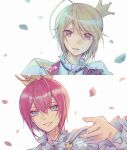  2boys ahoge artist_name blonde_hair cross crossover crown grey_eyes highres hotori_tadase long_sleeves looking_at_viewer male_focus multiple_boys open_mouth petals pink_eyes red_hair red_vest riddle_rosehearts shirt short_hair shugo_chara! smile teeth twisted_wonderland vest waka_ryou white_shirt 