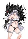  1girl black_hairband black_panties black_ribbon breasts claws cleavage closed_mouth collarbone dress feet_out_of_frame grey_hair hair_between_eyes hairband highres large_breasts long_hair looking_at_viewer navel original panties ribbon simple_background solo underwear white_background wolf yourfreakyneighbourh 