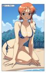  1girl arm_tattoo bare_shoulders bikini blue_bikini blush border breasts brown_eyes cleavage commentary full_body grin highres looking_at_viewer medium_breasts nami_(one_piece) navel one_piece orange_hair short_hair side-tie_bikini_bottom sitting smile solo stomach suoiresnu swimsuit tattoo thighs white_border 