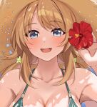  1girl armpits bare_shoulders bikini blonde_hair blue_eyes blush bow breasts cleavage collarbone dot_nose flower green_bikini hachimiya_meguru hair_bow hair_ornament hand_up hat hibiscus highres holding holding_flower idolmaster idolmaster_shiny_colors kurokin large_breasts long_hair looking_at_viewer low_twintails open_mouth portrait shadow smile solo star_(symbol) star_hair_ornament straw_hat swimsuit teeth twintails upper_teeth_only wet 