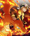  1boy adjusting_goggles black_shirt brown_jacket charizard claws commentary_request fangs fire friede_(pokemon) fur-trimmed_jacket fur_trim goggles goggles_on_head green_eyes grey_hair grin highres jacket long_sleeves male_focus open_clothes open_jacket open_mouth pokemon pokemon_(anime) pokemon_(creature) pokemon_horizons shirt skarameru smile teeth tongue yellow_eyes 