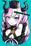  1girl black_dress black_horns blue_background blush braid breasts character_name cleavage closed_mouth commentary_request cropped_torso crown demon_horns dress hair_ornament horns large_breasts long_hair looking_at_viewer master_detective_archives:_rain_code multicolored_hair pink_eyes pink_hair ribbon shinigami_(rain_code) simple_background smile solo sparkle twin_braids two-tone_hair upper_body white_ribbon yokaze_626 