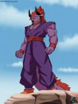  anthro beard bottomwear bovid bovine braided_hair caprine cattle clothed clothing dragon_ball facial_hair facial_piercing fan_character hair hi_res horn male mammal martial_arts_uniform nose_piercing nose_ring piercing prismanoodle_(artist) purple_body purple_clothing red_hair ring_piercing solo sportswear tail topwear 