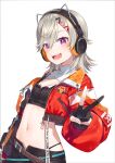  1girl :d absurdres belt black_shorts breasts brown_belt bustier cropped_jacket highres jacket komori_met looking_at_viewer navel open_clothes open_jacket orange_jacket shorts simple_background small_breasts smile solo stomach v vspo! white_background yuuki_hagure 