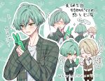  2boys ahoge black_pants blonde_hair blush brown_pants brown_vest cellphone chibi closed_eyes closed_mouth green_background green_hair green_jacket grey_shirt holding holding_phone idolish7 isumi_haruka jacket long_sleeves male_focus multicolored_background multiple_boys natsume_minami open_mouth orange_eyes pants phone shirt short_hair speech_bubble translation_request vest white_background white_shirt wokashi 