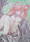  1girl black_bodysuit black_wings bodysuit breasts collar commentary_request duel_monster feathered_wings feathers hair_between_eyes hair_rings harpie_channeler harpy holding holding_phone holding_staff large_breasts long_hair luxuria_iv monster_girl orange_hair phone pointy_ears purple_eyes solo staff thighhighs traditional_media twintails white_thighhighs winged_arms wings yu-gi-oh! 