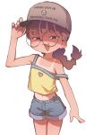  1girl adjusting_clothes adjusting_headwear arm_at_side bare_shoulders brown_hair camisole clothing_cutout commentary cowboy_shot crying_emoji denim denim_shorts emoji english_text fang glasses half-closed_eyes hat headwear_writing heart_cutout highres looking_at_viewer medium_hair meme mesugaki midriff navel open_mouth orenji_(wholesomeorenji) original round_eyewear shaded_face short_shorts shorts simple_background smile smirk solo standing strap_slip tan tanlines uohhhhhhhhh!_(meme) white_background yellow_camisole 