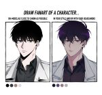  1boy black_hair black_shirt closed_mouth coat collared_shirt color_guide expressionless highres kim_dokja looking_at_viewer male_focus multiple_views omniscient_reader&#039;s_viewpoint shirt signature simple_background solo tagme twitter_username white_background white_coat yuugji 