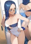  1girl 92m ass bare_shoulders bed blue_eyes blue_hair blue_scrunchie breasts commentary dateko glasses grin hands_on_own_hips highres large_breasts leaning_forward long_hair looking_back one-piece_swimsuit original scrunchie smile solo strapless strapless_one-piece_swimsuit strapless_swimsuit swimsuit thighs translation_request wrist_scrunchie 