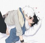  2boys beenmekotto black_hair black_pants blush cheng_xiaoshi closed_eyes closed_mouth commentary_request grey_shirt heart highres hug jacket long_sleeves lu_guang lying male_focus multiple_boys on_back pants pillow shiguang_dailiren shirt short_hair simple_background watch white_background white_hair white_shirt wristwatch yaoi 