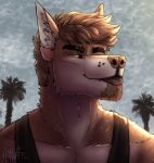  2021 acidwuff anthro black_clothing black_topwear blep bust_portrait canid cheek_tuft clothed clothing dated facial_tuft fangs front_view fur glistening glistening_eyes green_eyes hair hi_res inner_ear_fluff looking_at_viewer male mammal orange_body orange_fur orange_hair outside palm_tree plant portrait red_tongue short_hair signature solo teeth tongue tongue_out topwear tree tuft white_inner_ear_fluff 