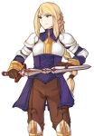  1girl absurdres agrias_oaks armor blonde_hair braid breastplate brown_eyes brown_pants dissidia_final_fantasy dissidia_final_fantasy_opera_omnia final_fantasy final_fantasy_tactics gloves highres holding holding_sword holding_weapon looking_at_another pants shoulder_armor solo sword tridisart weapon white_background 