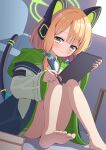  1girl animal_ear_headphones animal_ears azel_(laevateinn495) barefoot blonde_hair blue_archive blush cat_tail closed_mouth fake_animal_ears feet foot_out_of_frame green_eyes green_halo halo headphones highres jacket knees_up legs long_sleeves looking_at_viewer midori_(blue_archive) multicolored_clothes multicolored_jacket short_hair smile soles solo tail toes two-tone_jacket white_jacket wide_sleeves 
