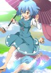  1girl blue_eyes blue_hair blue_skirt blue_vest geta heterochromia highres holding holding_umbrella jumping long_sleeves outdoors puffy_long_sleeves puffy_sleeves red_eyes reflection shimouki_izui shirt skirt solo tatara_kogasa touhou umbrella vest water white_shirt 