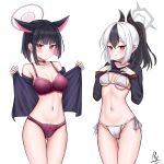  2girls absurdres animal_ears ass_visible_through_thighs black_hair black_jacket blue_archive blush bra breasts cat_ears collarbone colored_inner_hair cowboy_shot demon_horns groin highres horns jacket kayoko_(blue_archive) kazusa_(blue_archive) large_breasts long_hair long_sleeves multicolored_hair multiple_girls navel open_clothes open_jacket panties parted_lips pink_hair ponytail purple_bra purple_panties red_eyes rylaera short_hair signature simple_background underwear white_background white_bra white_hair white_panties 
