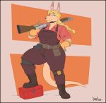  2022 absurd_res anthro boots clothing engineer_(team_fortress_2) female footwear gloves greasymojo grin gun hand_on_hip handwear hi_res kangaroo macropod mammal marsupial mechanic muscular muscular_female muscular_thighs ranged_weapon shirt shotgun smile smiling_at_viewer smug solo team_fortress_2 thick_thighs toolbox topwear valve weapon weapon_on_shoulder 