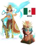  1girl a2t_will_draw aztec bird blue_eyes boots braid brown_hair brown_pants calavera cape eagle glowing glowing_eyes headgear highres macuahuitl mexican_flag mexico no_navel original pants skull snake spirit 