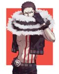  1boy bare_pectorals belt black_gloves black_jacket black_pants bracelet charlotte_katakuri chest_tattoo eyelashes fur_scarf furrowed_brow gloves hand_on_own_hip highres jacket jewelry limited_palette male_focus mirin_(coene65) navel one_piece pants pectorals red_eyes scar scar_on_face short_hair skull solo spiked_bracelet spikes tattoo toned toned_male 