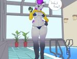  absurd_res anthro beverage big_breasts bikini bikini_bottom bikini_thong bikini_top breasts butt clothed clothing detailed_background dialogue digital_media_(artwork) ear_piercing english_text female hair hi_res holding_object hyena indoor_pool looking_at_viewer mammal markings nemihyena open_mouth piercing poolside purple_hair smile solo spots spotted_hyena striped_hyena summer swimming_pool swimwear text water zenia_wolf 