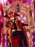  1boy absurdres crossed_legs demon_horns duel_monster forehead_jewel hand_on_own_cheek hand_on_own_face highres horns red_eyes red_hair robe sitting sitting_on_object the_bystial_aluber throne user_zsru8573 yu-gi-oh! 