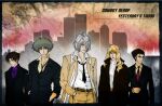  1girl 4boys blonde_hair brown_hair cigarette closed_mouth cowboy_bebop english_text formal green_hair grey_hair julia_(cowboy_bebop) lin_(cowboy_bebop) long_hair looking_at_viewer medium_hair meiru-chan multiple_boys shin_(cowboy_bebop) short_hair spike_spiegel spiked_hair suit vicious_(cowboy_bebop) 