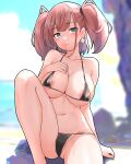  1girl anchor_hair_ornament atlanta_(kancolle) bikini black_bikini blue_sky breasts brown_hair cleavage cloud day earrings feet_out_of_frame furaggu_(frag_0416) grey_eyes hair_ornament highres jewelry kantai_collection large_breasts long_hair micro_bikini navel one-hour_drawing_challenge outdoors parted_lips sitting sky solo star_(symbol) star_earrings swimsuit two_side_up 