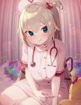  1girl akai_haato blonde_hair blue_eyes blush breasts breasts_squeezed_together dress grin haaton_(akai_haato) hair_between_eyes hat high_collar highres holding holding_syringe hololive indoors large_breasts long_hair looking_at_another magowasabi nurse nurse_cap one_side_up pencil_dress pink_dress ribbon short_dress sitting smile solo stethoscope syringe virtual_youtuber 