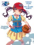  1girl air_jordan ball bang_dream! basketball_(object) black_hair blush brown_eyes character_name collarbone copyright_name dress earrings floating_hair futaba_tsukushi grey_socks head_tilt highres holding holding_ball jewelry long_hair looking_at_viewer national_basketball_association necklace new_orleans_hornets plaid plaid_dress red_headwear shadow shoes simple_background smile sneakers socks solo twintails v-shaped_eyebrows white_background white_footwear yazawa_happyaro yellow_dress 
