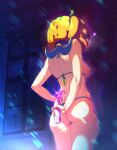  1girl 2023 arms_behind_back ass bikini blue_bikini blue_hair breasts dildo ero_kaeru from_below glowing halloween highres holding jack-o&#039;-lantern jack-o&#039;-lantern_head lana&#039;s_mother_(pokemon) long_hair night outdoors pokemon pokemon_(anime) pokemon_sm_(anime) ponytail sex_toy shoulder_blades solo standing swimsuit 