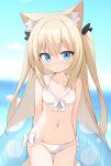  1girl animal_ear_fluff animal_ears bikini blonde_hair blue_eyes blurry blurry_background blush bow bow_bikini breasts cat_ears cat_girl cat_tail collarbone commentary_request front-tie_bikini_top front-tie_top hair_between_eyes highres holding holding_innertube innertube long_hair mogura2009 nose_blush original parted_lips small_breasts solo swimsuit tail two_side_up very_long_hair white_bikini white_bow 