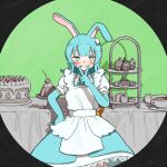  1girl :3 animal_ears apron black_border blue_dress blue_eyes blue_gloves blue_hair blunt_bangs blush border cake cherry circular_border collared_dress commentary_request cupcake dessert dress ear_down elbow_gloves feet_out_of_frame food food_on_face food_on_head food_request frilled_dress frills fruit gathers gelatin gloves green_background hand_on_own_hip hand_up highres hoshoku_hihoshoku_(vocaloid) icing long_hair looking_at_viewer maid_apron object_on_head rabbit_ears rabbit_girl raised_eyebrow sabaku_(saba9) shadow solo standing straight-on strawberry_shortcake tiered_tray two-tone_dress v white_dress winding_key 