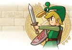  1boy belt blonde_hair brown_belt ezlo from_side green_headwear green_tunic holding holding_shield holding_sword holding_weapon link official_art pointy_ears shield short_hair solo sword the_legend_of_zelda the_legend_of_zelda:_the_minish_cap toon_link upper_body weapon 